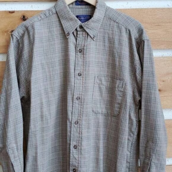 Pendleton Vintage Sz L‎ Brown Plaid 100% Wool LS Casual Button Shirt w Pockets - Picture 2 of 12